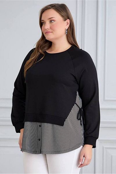 FOR ESRA BIG TREND Women's Plus Size Bottom Striped Parted Side Lacing 2 Thread Long Sleeve Stretchy Blouse