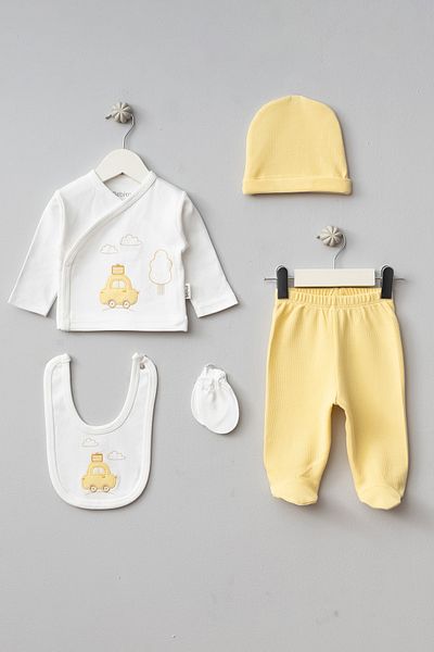 Bebitof Cloudy Car Patterned 5 Piece Newborn Hospital Discharge Bodysuit Set