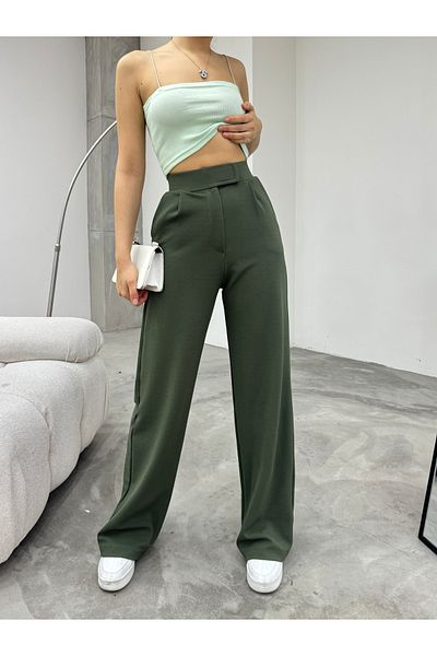 BİKELİFE Khakifarbene Palazzo-Hose mit weitem Bein und Klettverschluss aus Lycra für Damen