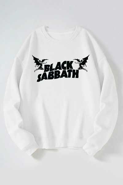 THEWERT Black Sabbath Two Angels Printed Women'S/Men's White Crew Neck Cotton Sweatshirt
