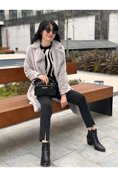 FEMİAS Gri Düğmeli Uzun Oversize Peluş Manto