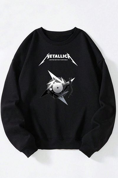 THEWERT Памучен суитшърт с кръгло деколте Metallica с щампа на грамофона за жени/мъже