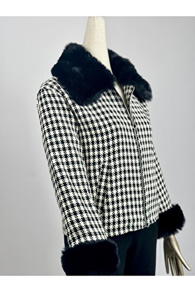 FEMİAS Houndstooth Pattern Collar and Sleeve Fur Coat