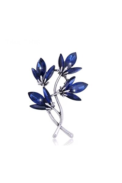 ESJ Kristal Mavi Taş Yaprak Dal Kadın Broş   4,5 * 6 cm