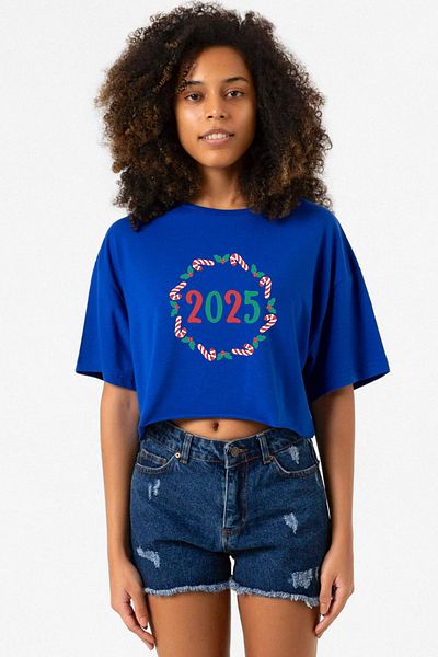 Tshirthane Christmas Holiday Wreath Blue Women's Crop T-Shirt