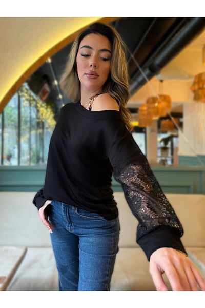REKA MODA Women's Long Sleeve One Shoulder Open Strap Buckle and Lace Detail Viscose Two Thread Blouse
