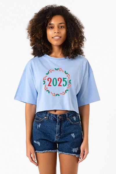 Tshirthane Christmas Holiday Wreath Baby Blue Women's Crop T-Shirt