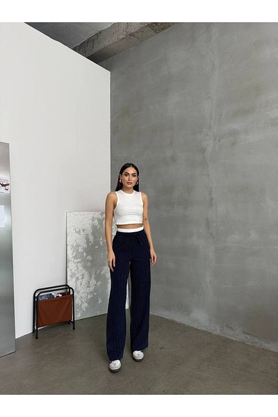 Bak'ap Double Waist Striped Polyviscon Plaszo Trousers