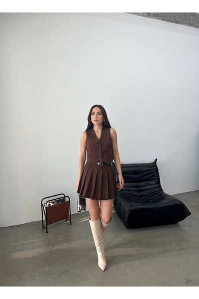 Bak'ap Pleated Belted Shorts Skirt Vest Set of 2