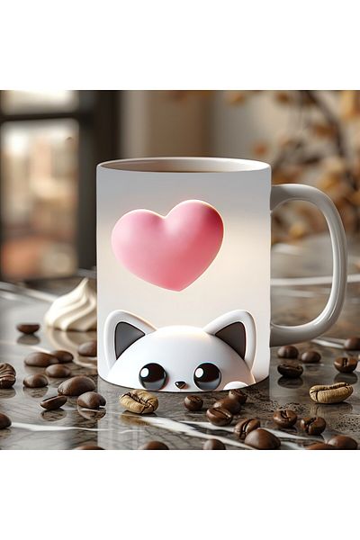 Evion Cute Animals with Hearts 3D Porcelain Mug Mug - Gift Mug - Printed Mug