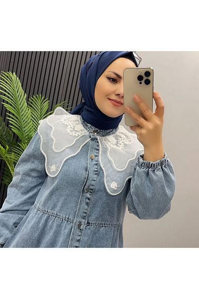 OlaLady Rochie de damă din denim musulman cu guler din dantelă Guipure