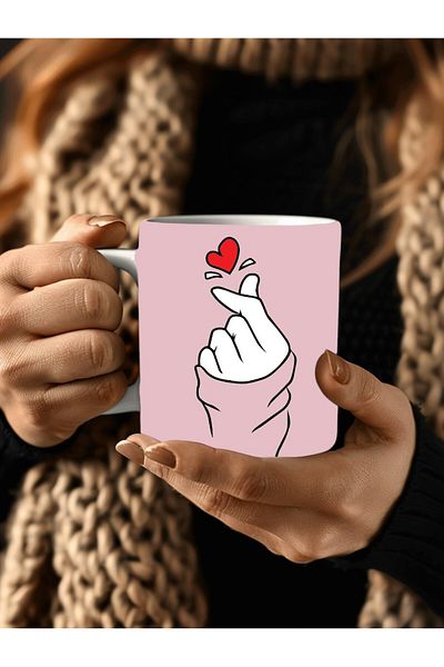 Evion Hand and Heart Patterned Porcelain Mug - Gift Mug - Printed Mug