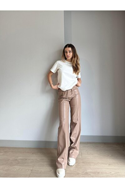 FEMİAS CAMEL BELİ LASTİKLİ İPLİ DERİ PANTOLON