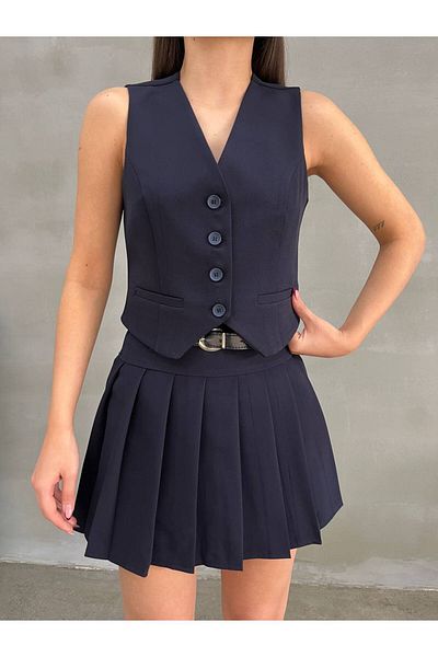 Bak'ap Pleated Belted Shorts Skirt Vest Set of 2