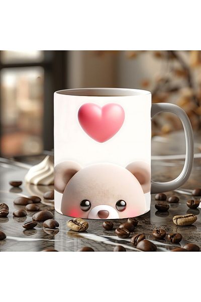 Evion Cute Animals with Hearts 3D Porcelain Mug Mug - Gift Mug - Printed Mug