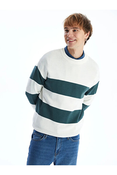 LC Waikiki Xside Green Crew Neck Long Sleeve Striped Men's Knitwear Sweater