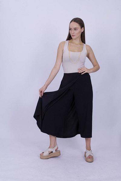 sehatex Black Colored wide-leg waist elasticated midi pants skirt