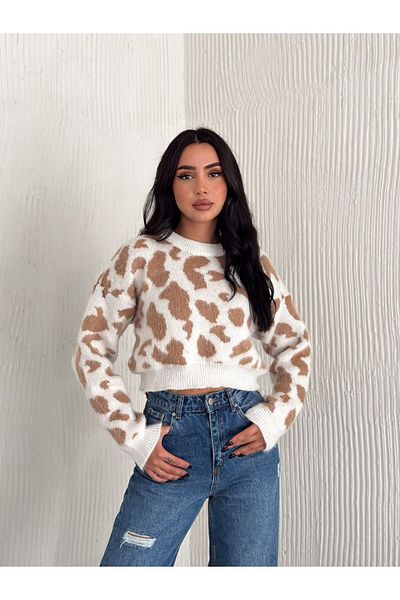 WellWay Πλεκτό πουλόβερ σε μπεζ λεοπάρ σχέδιο - Crew Neck