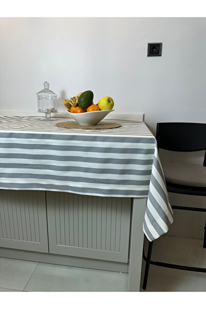 GLOMAR Grey Striped Linen Duck - Liquid Pusher and Stain Resistant Tablecloth