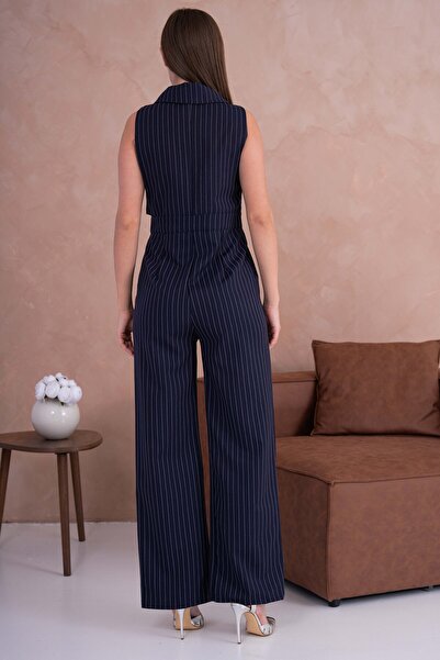 Secret Passion Lingerie Navy Blue Double Breasted Neckline and Button Detail Double Pocket Sleeveless Jumpsuit 3195