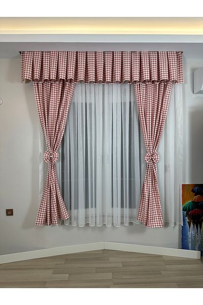 GLOMAR Modern Kitchen Curtain - 1/3 Dried Rose, Farbella Cornice, Short Background
