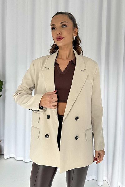 Mine Tan Butik Stone Colored Polyviscose Blazer Jacket - Bone Detailed