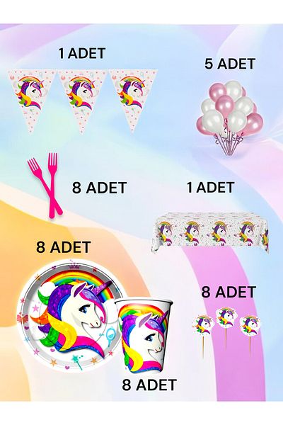 VibeHome Unicorn Themed L Package for 8 - Birthday Parties and Fun Events