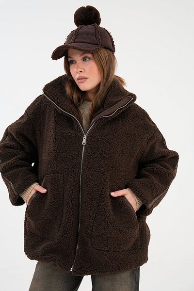 VOLT CLOTHİNG Damen-Plüschmantel mit Streifendetail und Reißverschluss