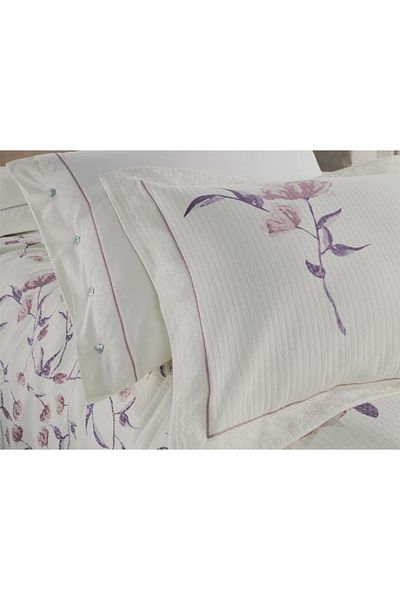 Sarev Partrizia Double Ecru Purple Pink Floral Patterned Pique Set