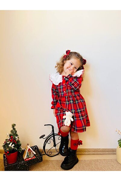 tunay moda Plaid Collar Detailed Dress and Teddy Bear - 4-Piece Combination Buckle and Bag