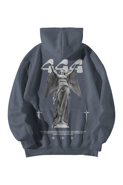 Scrovtie Women's Men's Anthracite Manifest 444 Protection Printed Oversize Hooded Kangaroo Pocket Hoodie