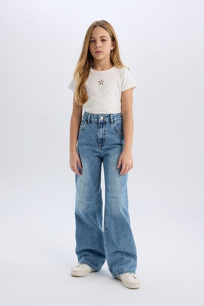 DeFacto Pantaloni blugi pentru fete cu detaliu rupt cu picior lat - D7374A825SM