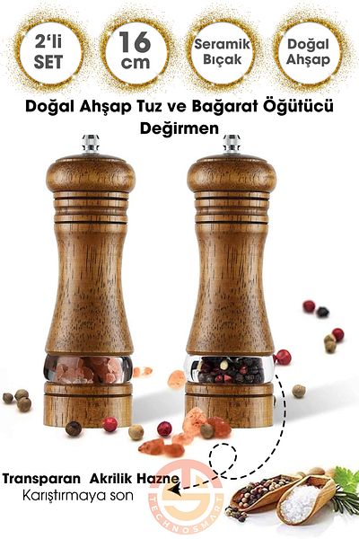 TechnoSmart Premium 16cm Natural Wood and Acrylic Black Pepper Salt - 2 Pcs Clear Spice Grinder