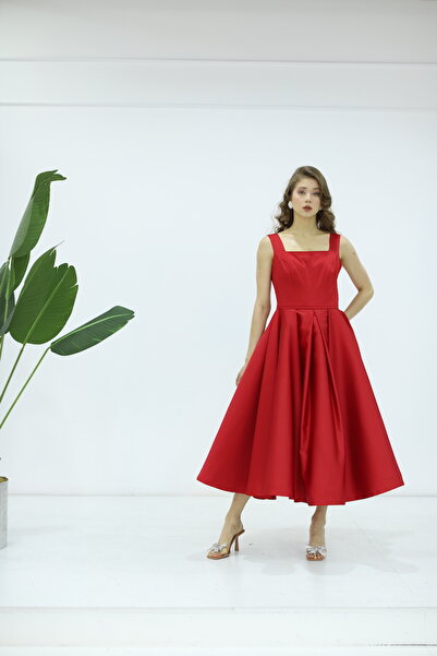 minel aşk Kare Yaka Fiyok Detaylı Elbise