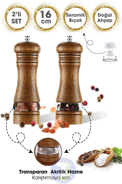 Technojet 2 Adet Doğal Ahşap Karabiber Tuz Kahve Baharat Öğütücü Ahşap Değirmen Tuzluk Biberlik
