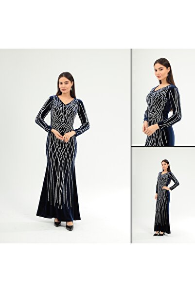 Robes فستان سهرة مخملي أنيق بأكمام طويلة وطبعة حجرية للنساء