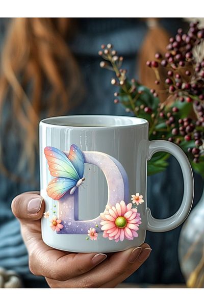 Evion Butterfly Letter Alphabet Porcelain Mug - Gift Mug - Printed Mug