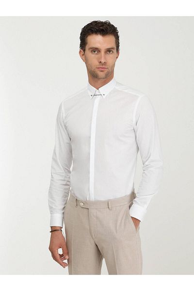 Kip White Plain Slim Fit Plain Cuff Classic Lapel Tuxedo Shirt
