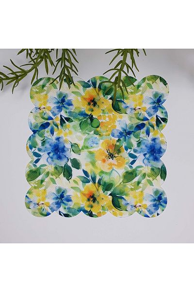decofav Blue Yellow Green Floral Print Laser Cut Cocktail Napkin - 1 Piece