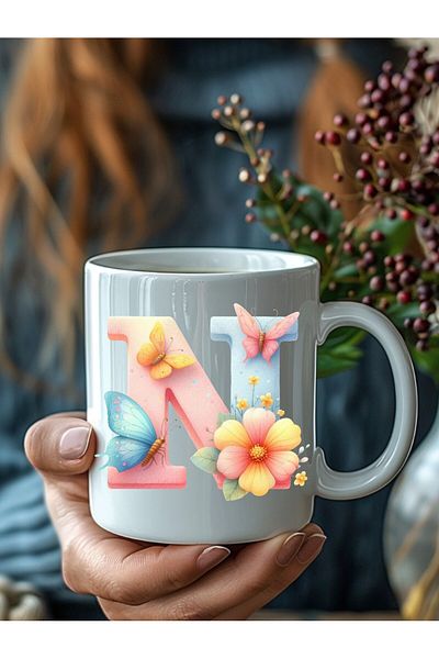 Evion Butterfly Letter Alphabet Porcelain Mug - Gift Mug - Printed Mug