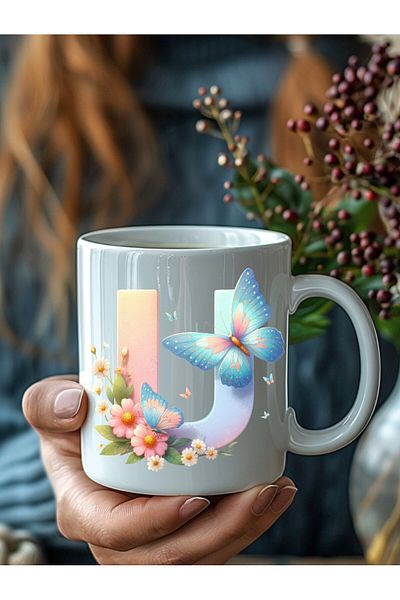 Evion Butterfly Letter Alphabet Porcelain Mug - Gift Mug - Printed Mug