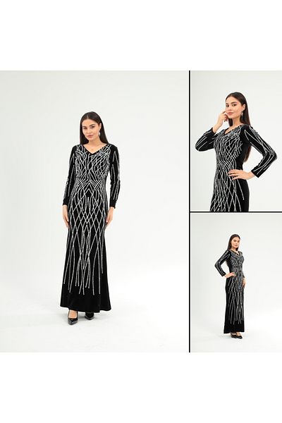 Robes Women's Stone Printed Long Sleeve Fish Hijab Stylish Velvet Evening Dress