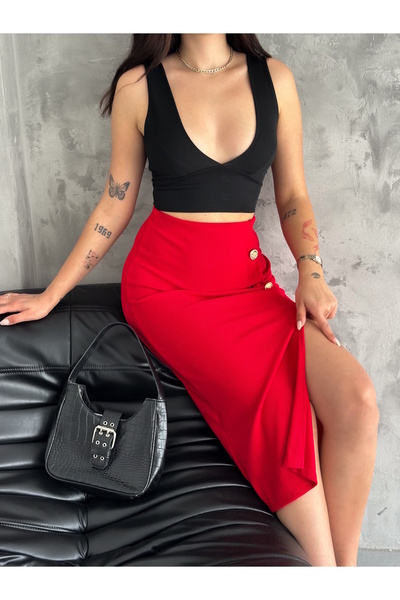 MaxiMor Καμισόλ Κόκκινο Χρώμα Καμισόλ Υφασμάτινο Σκίσιμο Μήκος Φούστας 65 εκ