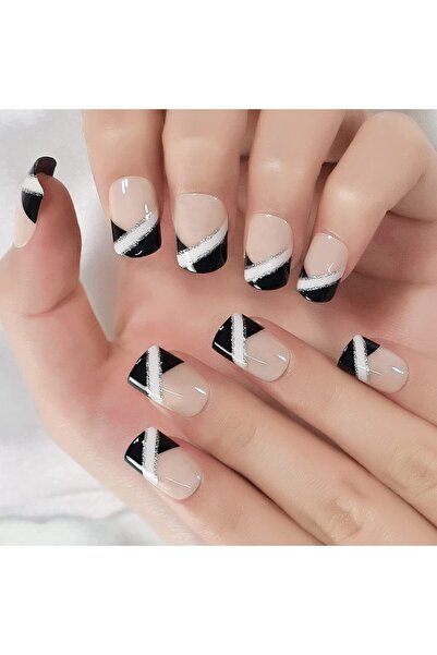 EDA LUXURY BEAUTY 24'lü Siyah Beyaz Simli French Takma Tırnak Lüks Desenli Kı...
