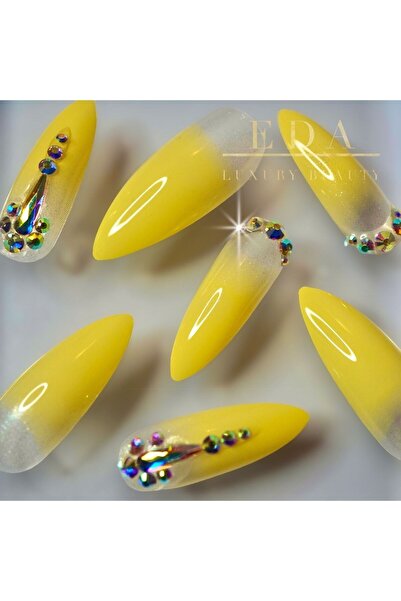EDA LUXURY BEAUTY 24'lü Nude Ombre Sarı French Takma Tırnak Seti Lüks 3d Kris...
