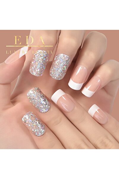 EDA LUXURY BEAUTY 24'lü Doğal Pembe Beyaz Simli French Takma Tırnak Lüks Natürel Desenli Orta Boy Kare Nail Art Set