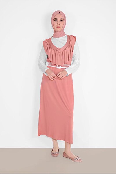 TRENDTESETTÜR KADIN PUDRA YAKASI FIRFIR DETAYLI İKİLİ ELBİSE 6816