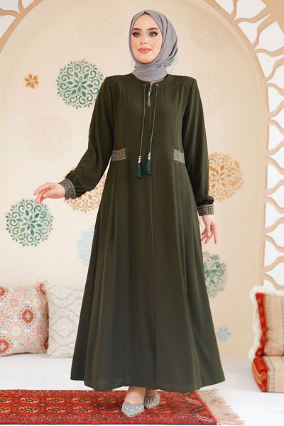 Neva Style حجاب كاكي بتفاصيل طيات Ferace 45271HK
