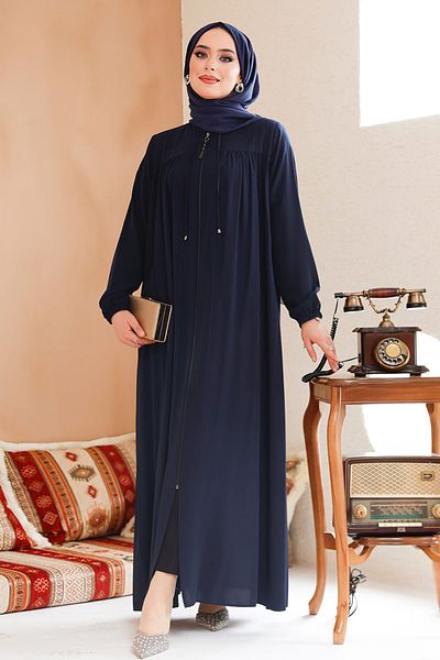 Neva Style Zippered Navy Blue Hijab Ferace 45290L