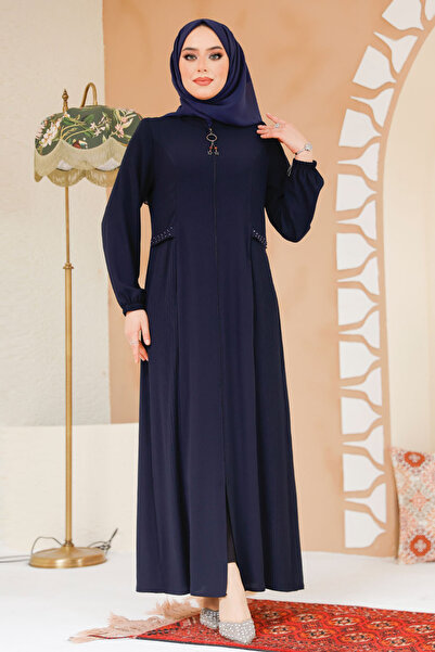 Neva Style Pile Detailed Navy Blue Hijab Ferace 45289L